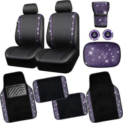 CAR PASS Bling Rhinestone Diamonds Car Seat Covers Leather Shining Rhinestone Car Floor mats Carpet with Anti-Slip Nibs Sparkly Car Accessories Sets Women Glitter Crystal Combo Set Violet Purple