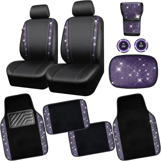 CAR PASS Bling Rhinestone Diamonds Car Seat Covers Leather Shining Rhinestone Car Floor mats Carpet with Anti-Slip Nibs Sparkly Car Accessories Sets Women Glitter Crystal Combo Set Violet Purple