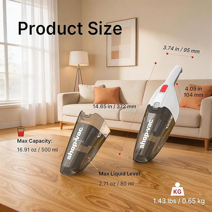 Shop-Vac Wet/Dry Handheld Vacuum Cordless, Powerful Portable Car Vacuum Rechargeable, Wall-Mounted Hand Vac with Crevice Tool, Lightweight Hand Vacuum for Home & Car, Washable Filter, White