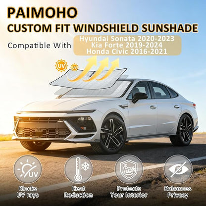 Sun Shade for Sonata 2020-2023 Civic 2016-2021 Forte 2019-2024 | Thickened Accordion Car Front Window Sunshade – Foldable Aluminum UV Protection Sun Visor Shield with Storage Bag