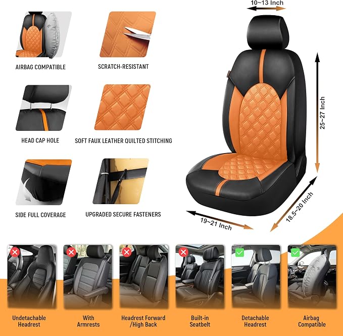 CAROMOP Luxury PU Leather Car Seat Covers Front Set, Anti-Stain Waterproof Automotive Seat Covers for Cars, Universal Car Interior Covers Seat Protectors for SUVs Pick-up Trucks(Orange Brown)