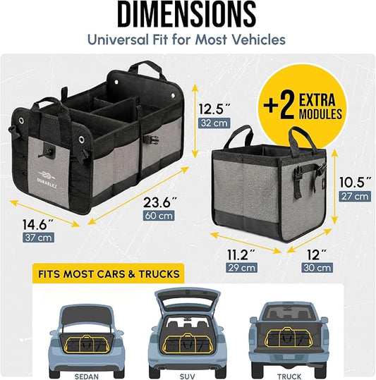 Modular 5-Section Trunk Organizer XL – Car Storage for Groceries, Tools, Sports Gear, Emergency Kits – Extra Large Multi-Module Cargo Box, Foldable, Detachable, Heavy Duty Design – Gray