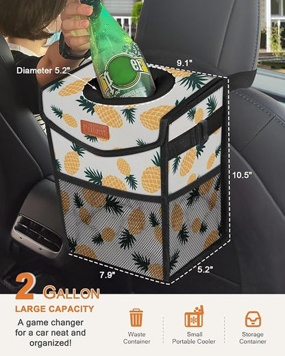 Pritent Car Trash Can with Lid, Cute Leakproof Car Trash Garbage Bag Hanging Vehicle Trash Bin Small Portable Automotive Garbage Cans Organizer for Back/Front Seat(Trapezoid,Pineapple Print