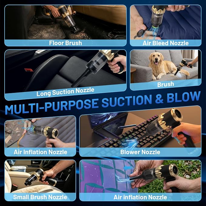 Cordless Handheld Vacuum Cleaner, Rechargeable Portable Car Vacuum with LED Light, 2 HEPA Filters & Multi-Nozzles, High Power Wet/Dry Vacuum for Car, Home, Pet Hair
