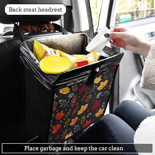Car Trash Can Organizer Bin with Adjustable Strap for Back Front Seat Console Waterproof Leakproof Collapsible Portable 8.66 Inch Autumn Leaf Pattern Black