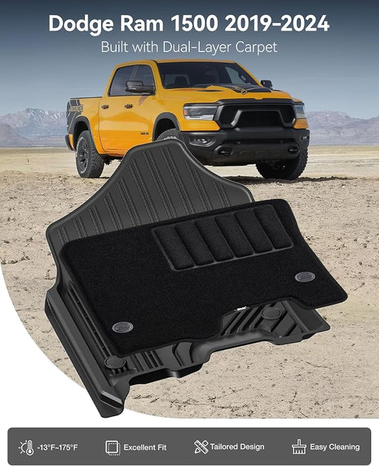 3W Floor Liner & Carpet Top Bundle for 2019-2024 Dodge Ram 1500 Crew Cab (New Body/Without Storage) All-Weather 1st & 2nd Row TPE Mats Set, Not for Classic Models