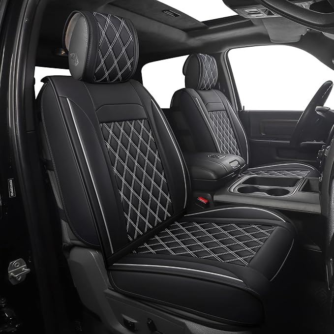 JOJOBAY Car Seat Covers for Dodge Ram,Fit 2009-2025 1500/2500/3500 HD Pick-up Truck,Crew,Regular,Quad,Mega Cab,Waterproof Synthetic Leather Seat Covers(2PCS-Front,Black-White)