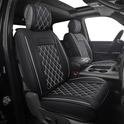 JOJOBAY Car Seat Covers for Dodge Ram,Fit 2009-2025 1500/2500/3500 HD Pick-up Truck,Crew,Regular,Quad,Mega Cab,Waterproof Synthetic Leather Seat Covers(2PCS-Front,Black-White)