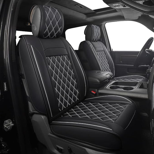 JOJOBAY Car Seat Covers for Dodge Ram,Fit 2009-2025 1500/2500/3500 HD Pick-up Truck,Crew,Regular,Quad,Mega Cab,Waterproof Synthetic Leather Seat Covers(2PCS-Front,Black-White)
