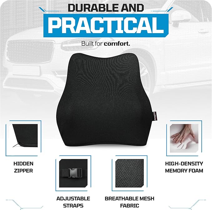 FORTEM Lumbar Support Car Cushion, Memory Foam Back Pillow, Back Rest for Comfort Driving, Adjustable Straps, Washable Cover
