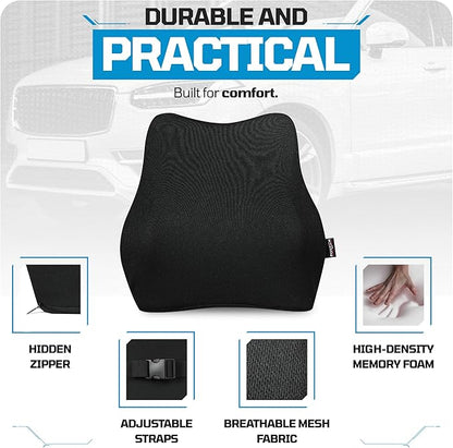 FORTEM Lumbar Support Car Cushion, Memory Foam Back Pillow, Back Rest for Comfort Driving, Adjustable Straps, Washable Cover