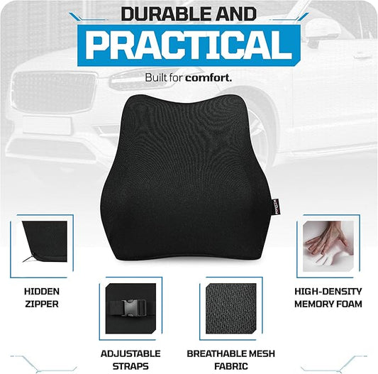 FORTEM Lumbar Support Car Cushion, Memory Foam Back Pillow, Back Rest for Comfort Driving, Adjustable Straps, Washable Cover