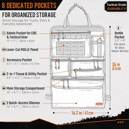 Tactical Seat Back Organizer - Heavy Duty MOLLE Panel Organizer with Multiple Pockets & Hook Loop Panel for EDC Gear, Road Trip Essentials, Universal Fit for Car SUV Truck Jeep Ford(Black)