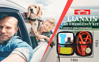Auto Emergency Kits Vehicles with Jumper Cables headlamp Car Safety Kits | Car Emergency Roadside Tool Kit Tow Straps, Safety Hammer, Rainwear, Multi-tool Kit, Breakdowns Gifts for New Drivers