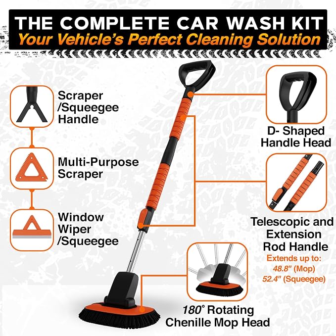 RoofPax Premium Car Wash Detailing Kit with 48.8" Extendable Telescoping Handle Chenille Microfiber Car Brush Wash Mop Mitt Scratch-Free Duster Exterior Magic Sponge & Cleaning Kit for All Vehicles