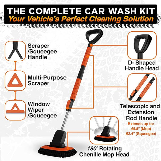 RoofPax Premium Car Wash Detailing Kit with 48.8" Extendable Telescoping Handle Chenille Microfiber Car Brush Wash Mop Mitt Scratch-Free Duster Exterior Magic Sponge & Cleaning Kit for All Vehicles