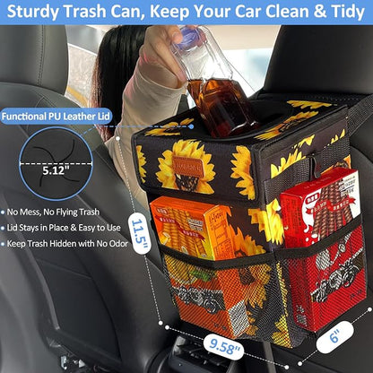 ELONGRIVER Car Trash Can Bin for Back Seat Leak Proof, Cute Car Trash Bag Hanging, Vehicle Trash Can for SUV Truck Van, Automotive Garbage Cans Front Seat Sunflower Floral