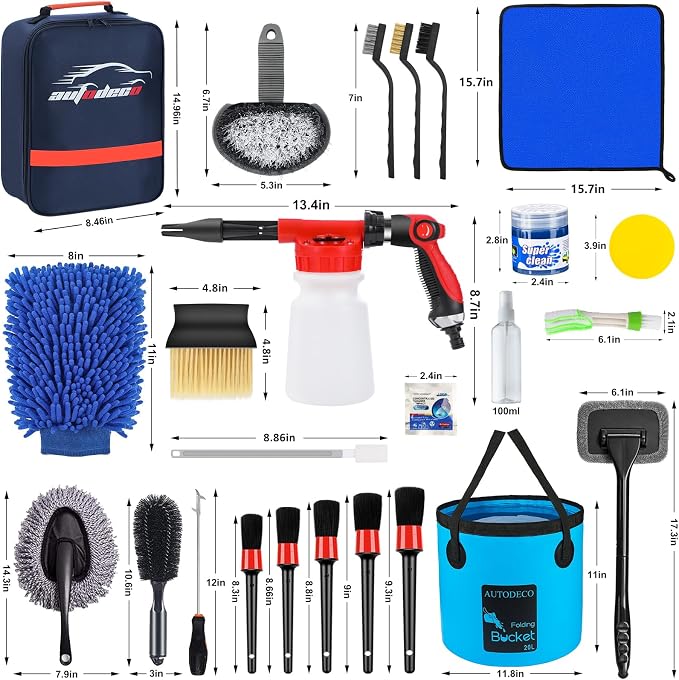 44Pcs Car Wash Detailing Kit Cleaning Kits with Foam Gun Sprayer Wash Mop with Long Handle Collapsible Bucket Large Wash Mitt Towels Complete Interior Exterior Car Washing Supply Set Blue