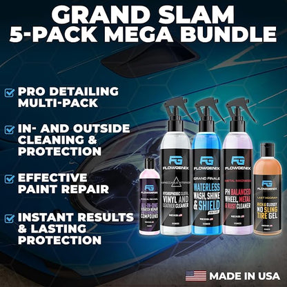 Grand Slam 5-Pack - Waterless Car Wash Detailing Spray, Tire Shine Gel, Scratch Remover, Wheel Metal Rust Cleaner, Interior Cleaner & Protector, 2 Microfiber Towels