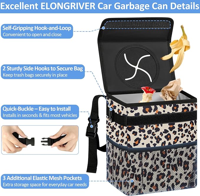 ELONGRIVER Car Trash Can Bin for Back Seat Leak Proof, Cute Car Trash Bag Hanging, Vehicle Trash Can for SUV Truck Van, Automotive Garbage Cans Front Seat Leopard Print
