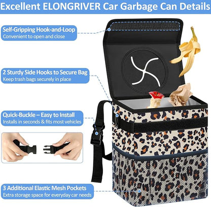 ELONGRIVER Car Trash Can Bin for Back Seat Leak Proof, Cute Car Trash Bag Hanging, Vehicle Trash Can for SUV Truck Van, Automotive Garbage Cans Front Seat Leopard Print