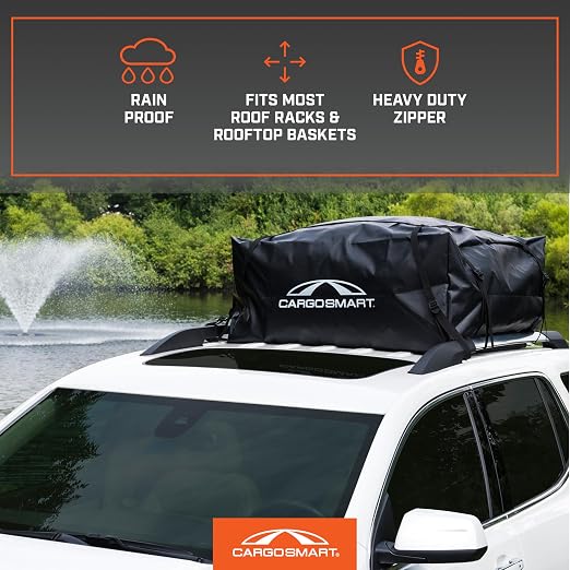CARGOSMART CargoSmart Soft Sided Car Top Cargo Bag, 38”x38”x18” – Adds up to 15 Cubic Feet of Storage – Easily Mounts to Vehicle’s Roof Rack or Roof Top Basket – Heavy-Duty Vinyl, Black