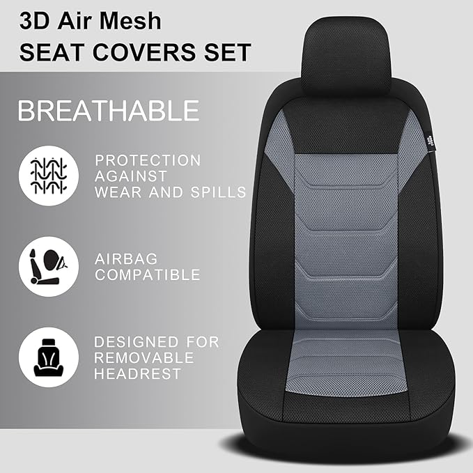 Pariiaotin 3D Air Mesh Car Seat Cover Full Sets Washable and Breathable Premium Cloth Automotive Vehicle Seat Covers for Cars Interior, Universal Fit for Most Cars, Sedan, Truck, SUV(Black/Gray)