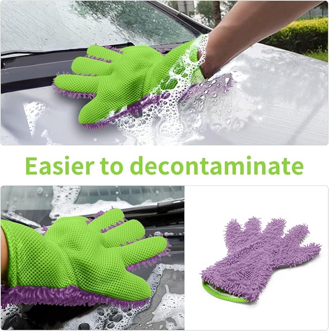 BokWin 2-Pack Car Wash Mitt Scratch Free, 5-Finger Microfiber Wash Mitts, Car Interior Exterior Cleaning Gloves, Auto Chenille Washing Sponge Kits for Cleaning Wheel Tight Spot(Purple)