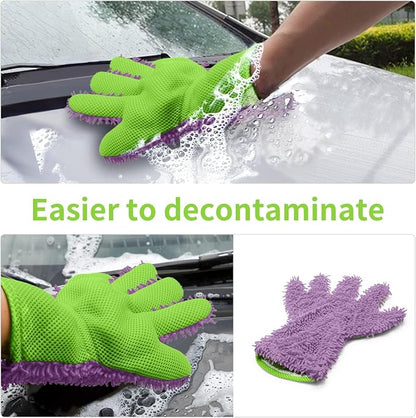 BokWin 2-Pack Car Wash Mitt Scratch Free, 5-Finger Microfiber Wash Mitts, Car Interior Exterior Cleaning Gloves, Auto Chenille Washing Sponge Kits for Cleaning Wheel Tight Spot(Purple)