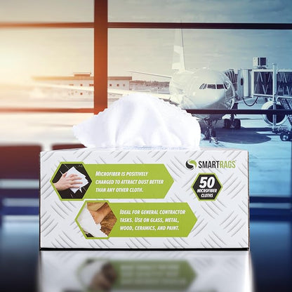 Arkwright Smart Rags Microfiber Cleaning Cloths, Pack of 50 in a Box, Lint Free 180 GSM Reusable Towels for Auto, Office and Household Cleaning, 12 x 12 in, White