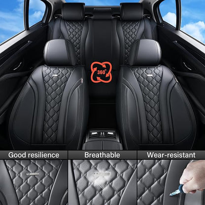 Coverado Leather Seat Covers, Car Seat Covers Full Set, Perforated Diamond Leather Car Seat Cover, Waterproof Car Seat Protector Seat Cushion, Universal 5 Seats Black Seat Cover Fit for Most Cars