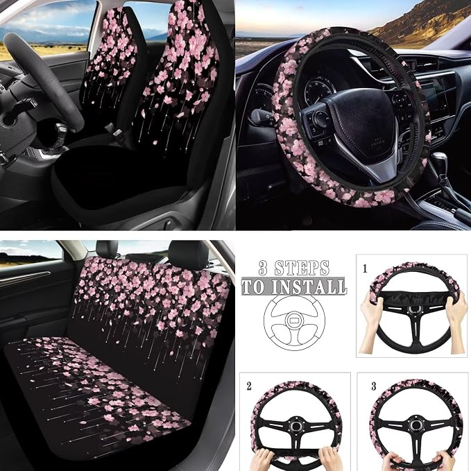 Cherry Blossom 10 Piece Car Accessories Set, Pink Spring Flower Universal Steering Wheel Cover Front Seat Rear Bench for Truck SUV Sedan, Rural Peach Blossom Car Decor