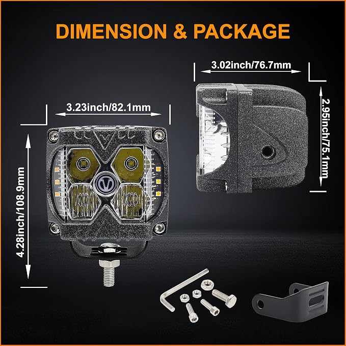 MOVOTOR Side Shooter LED Pods Amber Strobe Driving Lights for Truck,4X4,ATV | IP68 Waterproof,Solid & Strobe Amber,6500K White / 3500K Amber Combo Beam,Alum Housing,Adjustable Bracket,Fit Jeep UTV,2 PCS