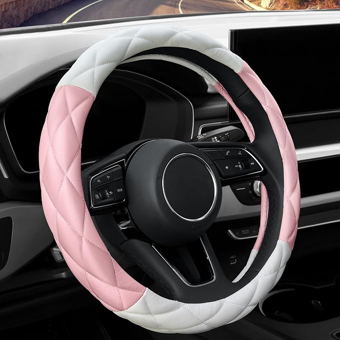 YHONGJT Cute Soft Microfiber Leather Anti-Slip Steering Wheel Cover, Universal 15 Inch for Women Girls, Fit Vehicles, Sedans, SUVs, Vans, Trucks - Light Pink and White