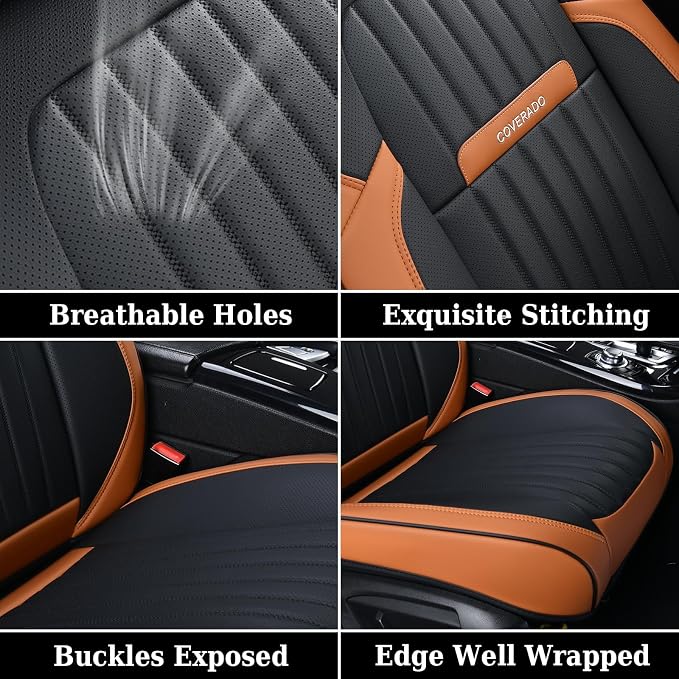 Coverado Car Seat Covers Front, Seat Covers for Cars, Waterproof Car Seat Cushions, 2-Pack Leather Carseat Seat Protectors, Universal Seat Covers Fit for Most Sedans SUV Pick-up Trucks(Brown&Black)