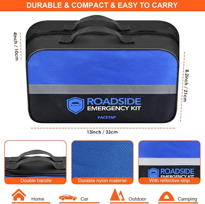 PACETAP Car Roadside Emergency Kit, Essential Auto Safety Road Side Assistance Tool Kit with Jumper Cables, Towing Rope, Triangle and More Winter Vehicle Accessories