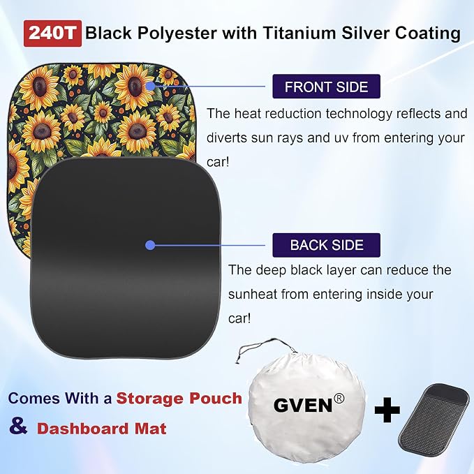 Gven Windshield Sun Shade 2pcs with Bonus Sunflower Car Sunshade for Front Window Shades 2025 Technology Reflect UV and Heat Sun Visor Automotive Interior Sun Protection (Sunflower, S)