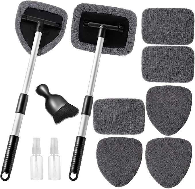 Qydipclin 11pcs Windshield Cleaner Tool, Car Window Cleaning Wash Kit with 6 Reusable Microfiber Pads 2 Spray Bottles and Extendable Handles Auto Glass Wiper Kit, Gray