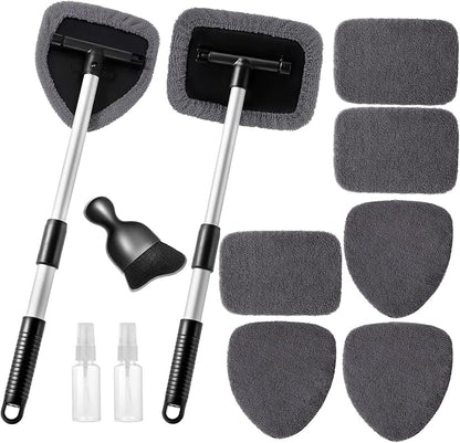 Qydipclin 11pcs Windshield Cleaner Tool, Car Window Cleaning Wash Kit with 6 Reusable Microfiber Pads 2 Spray Bottles and Extendable Handles Auto Glass Wiper Kit, Gray