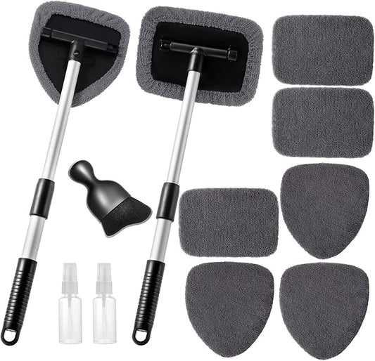 Qydipclin 11pcs Windshield Cleaner Tool, Car Window Cleaning Wash Kit with 6 Reusable Microfiber Pads 2 Spray Bottles and Extendable Handles Auto Glass Wiper Kit, Gray