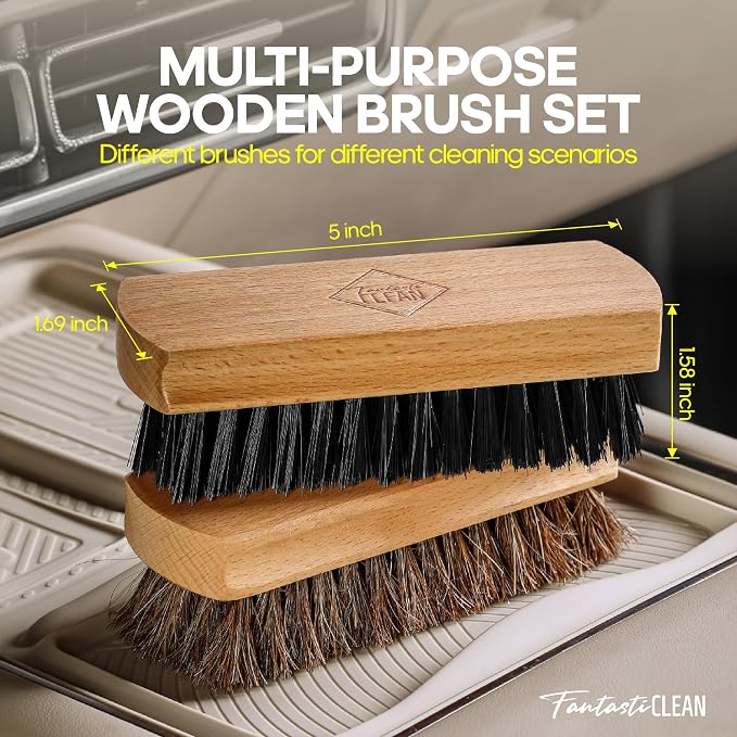 Fantasticlean 9PC Car Detailing Kit，Boars Hair Brush，Horse Hair Bristle，Suede-Coral Cloth，Car Dust Brush，Microfiber Towel & Applicator，Scratch-Free & Ultra-Soft for Leather, Seats & Interior Cleaning