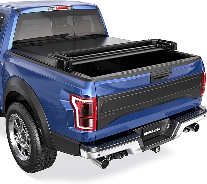 KUIPERAUTO 6.5 FT Quad 4-Fold Soft Folding Truck Bed Tonneau Cover Compatible with Ford F150 F-150 2009-2014 Styleside Fourth Fold (Excl Raptor Series) Without Utility Track System Truck Bed Cover 78“
