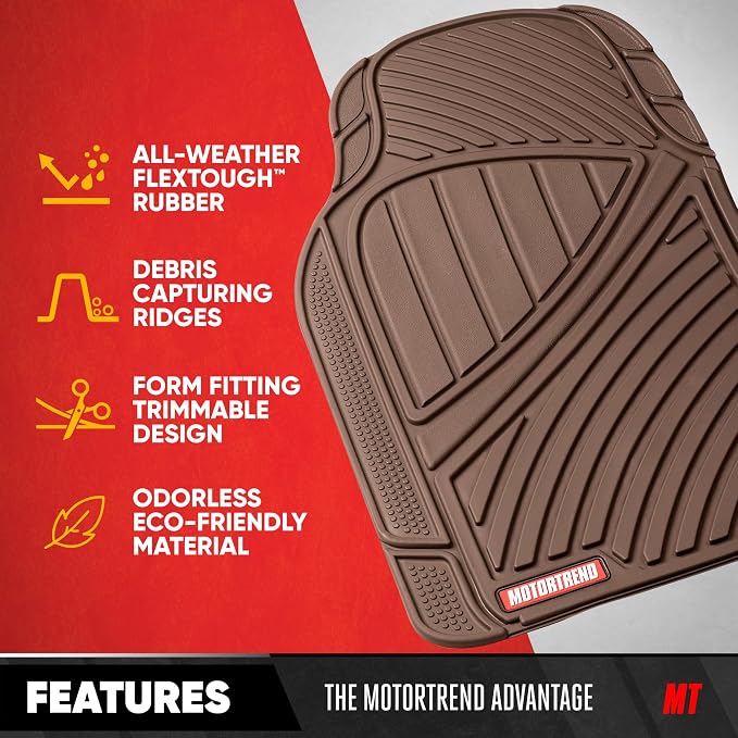 Motor Trend FlexTough Performance All Weather Rubber Car Floor Mats - 3 Piece Floor Mats Automotive Liners for Cars Truck SUV, Heavy-Duty Waterproof (Brown)