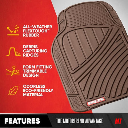 Motor Trend FlexTough Performance All Weather Rubber Car Floor Mats - 3 Piece Floor Mats Automotive Liners for Cars Truck SUV, Heavy-Duty Waterproof (Brown)