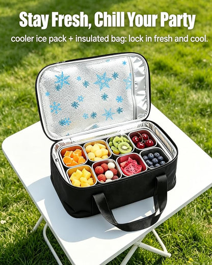 Snackle Box Container, Stainless Steel Divided Serving Tray with Lid and Handle,Large Snack Tray for Fruit Veggie, 8-Compartment Snack Platter for Travel Party Beach Picnic,with Ice Pack(Silver White)