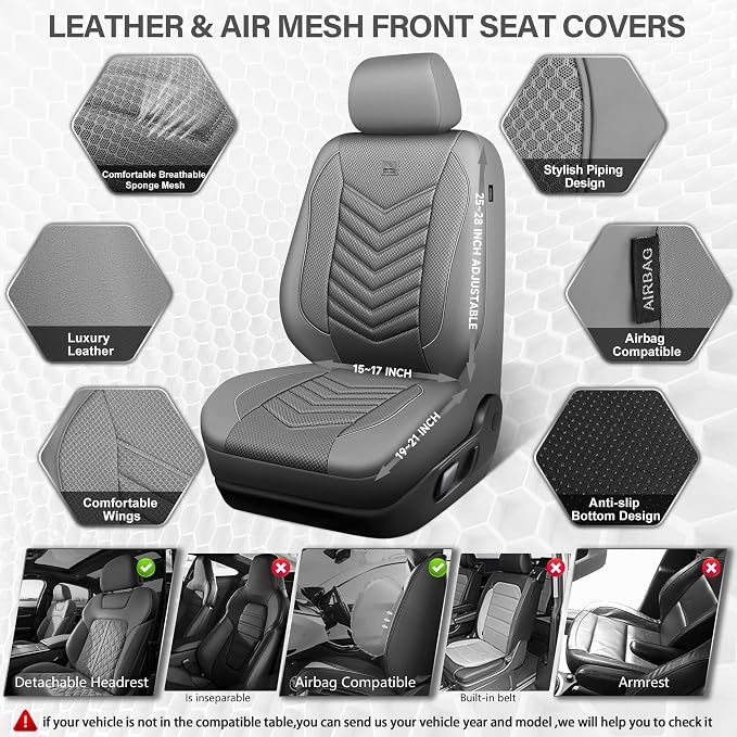 CAR PASS 3D Foam Mesh Leather seat Covers Front Seats, Grey Breathable Front Seat Cover for Cars, Comfortable Universal Fit for SUV Truck Sedan Automotive Anti-Slip Airbag Compatible, Pure Gray