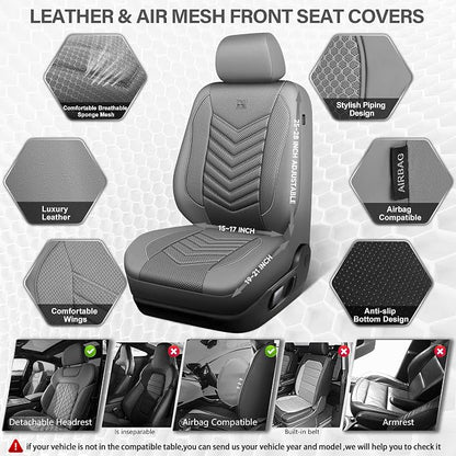 CAR PASS 3D Foam Mesh Leather seat Covers Front Seats, Grey Breathable Front Seat Cover for Cars, Comfortable Universal Fit for SUV Truck Sedan Automotive Anti-Slip Airbag Compatible, Pure Gray