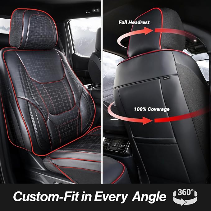 Coverland Custom SUV Car Seat Covers Front Seats for [2006-2026 Audi Q7] - Protector Car Seat Cover Water Resistant Leather Memory Form Back Support Seat Cushion [Front - Black with Red Stitching]