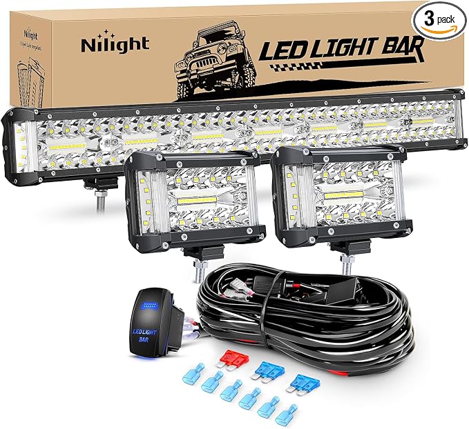 Nilight Side Shooter LED Light Bar Set 20 Inch Triple Row Spot Flood Combo Lights 2PCS 4.3" Pods with 5Pin Rocker Switch Wiring Harness Kit for Truck SUV ATV UTV