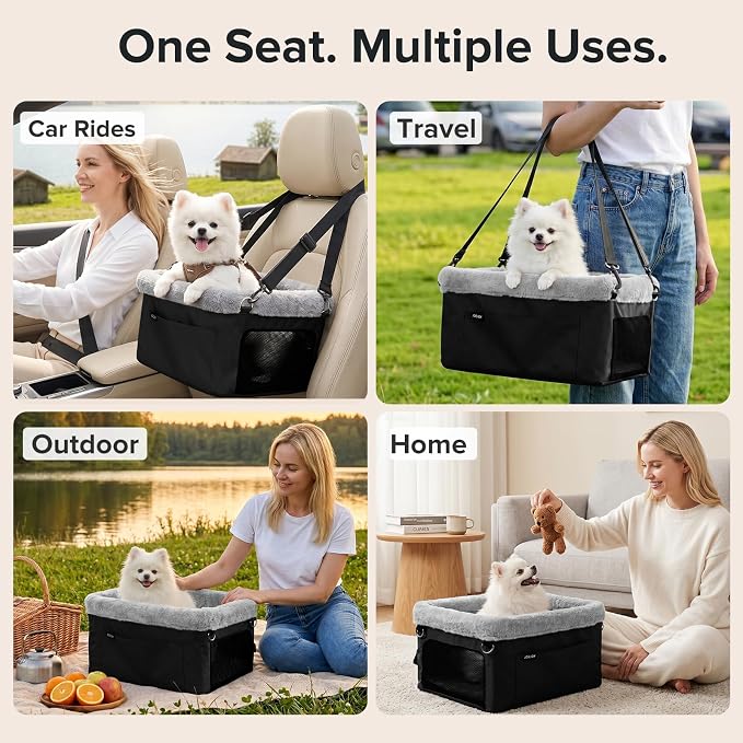JOEJOY Deluxe Dog Booster Seat with Sturdy Metal Frame and Safety Leash for Small Pets up to 20 lbs - Portable Puppy Dog Car Seat with Thick Cushion and Storage Pockets for Small Dogs, Black